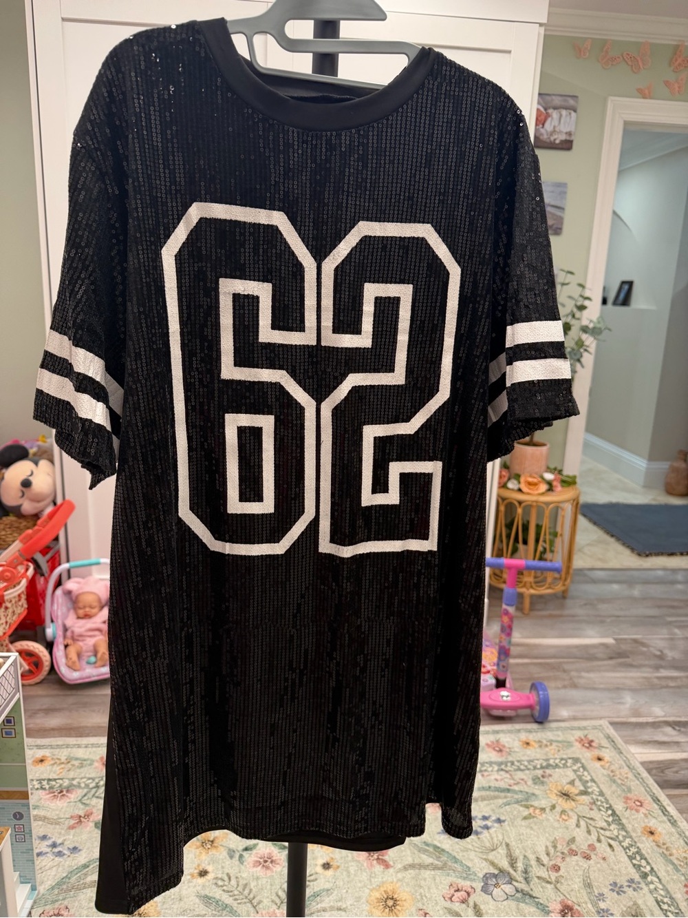 Kids Black Sequin Dress with White Number 62 Detail